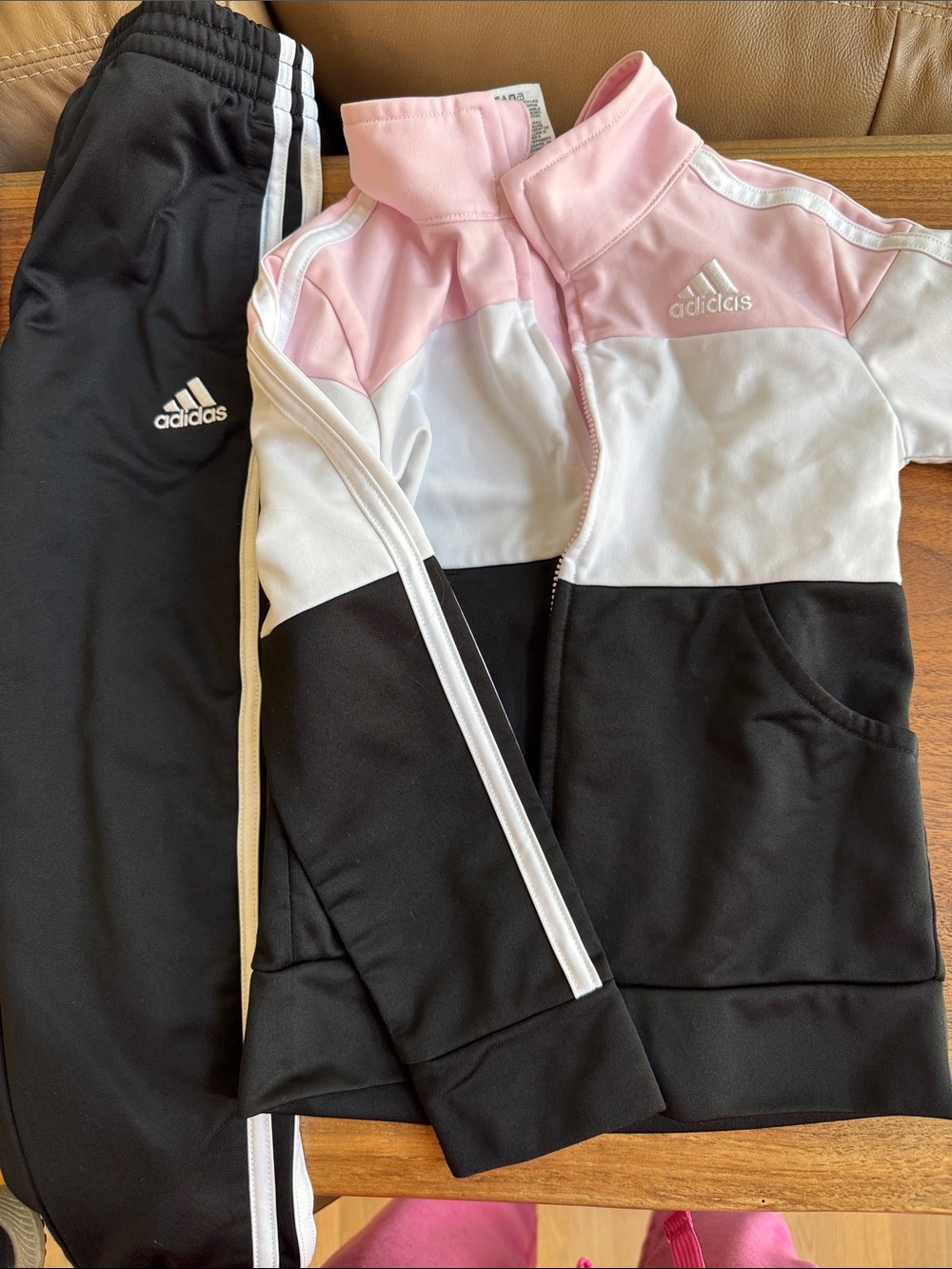 adidas Pink White Black Girls Colorblock Track Jacket & Pants